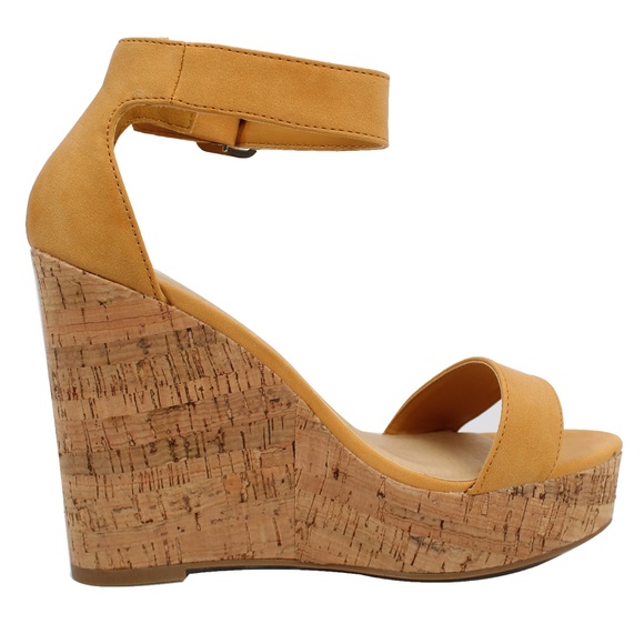 Mango Open Toe Ankle Strap Cork Platform Wedge - Picture 3 of 6